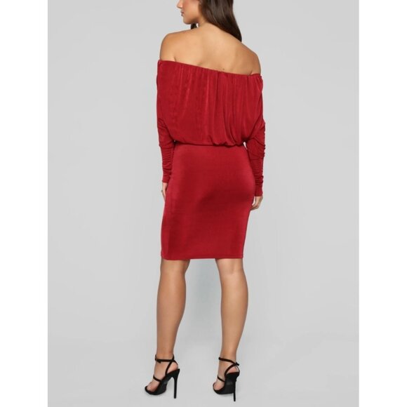 Fashion Nova Red Off-The-Shoulder Draped Dress X-Large Sexy Stretch Club party - Picture 2 of 9